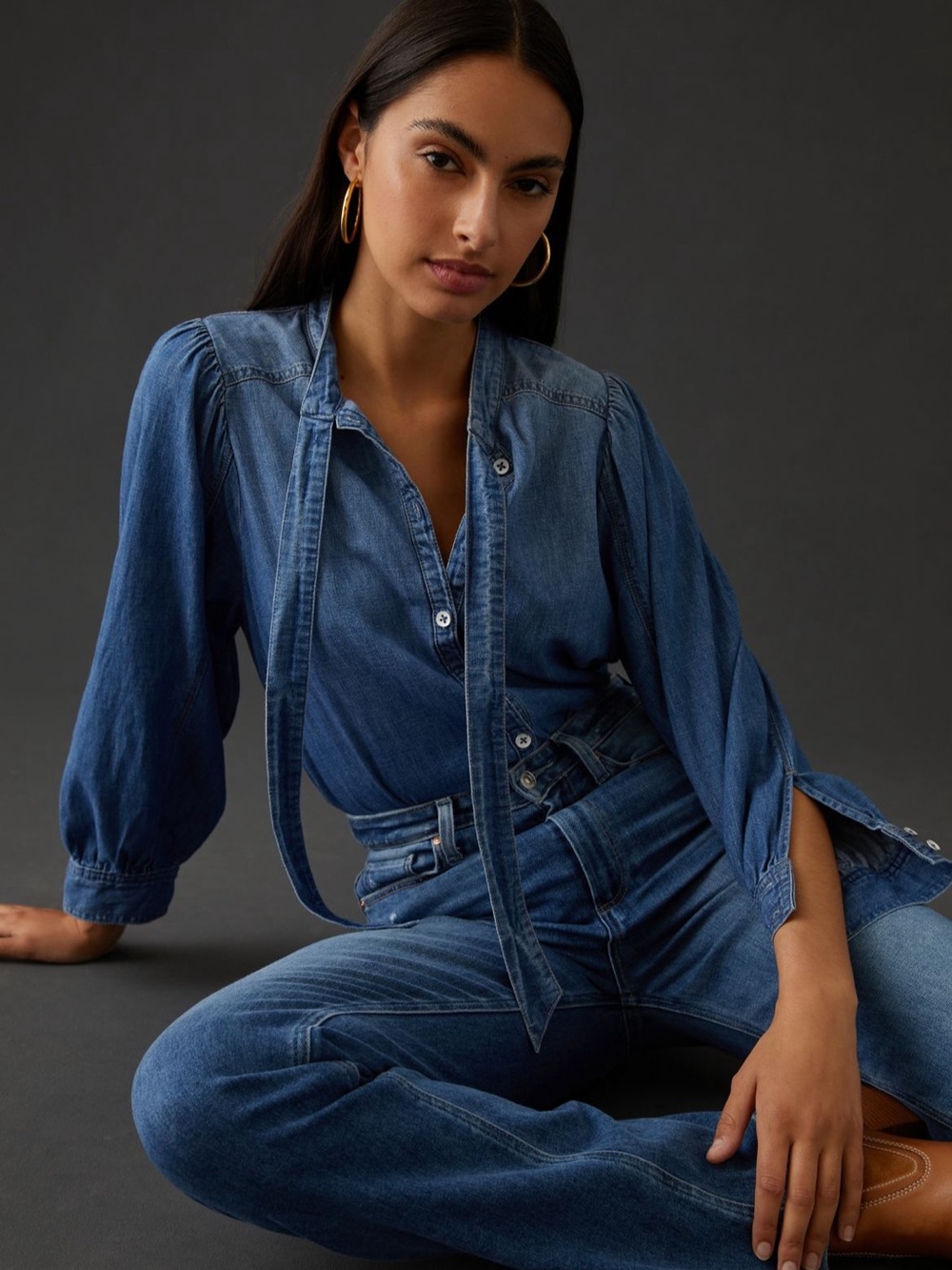 Anthropologie Pilcro Women’s Denim Tie-Neck Blouse Sz. Medium Jean Button Up Top